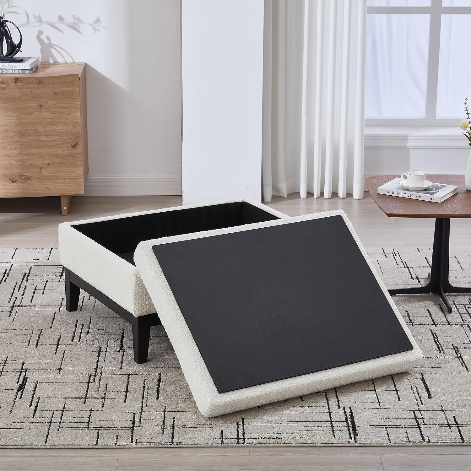 Setawix 33.86" Large Storage Ottomans for Living Room,Boucle Upholstered Ottoman Coffee Table with Tray,Mid Century Modern Ottoman Seat with Storage Footrest for Bedroom (Ivory+Black Legs)