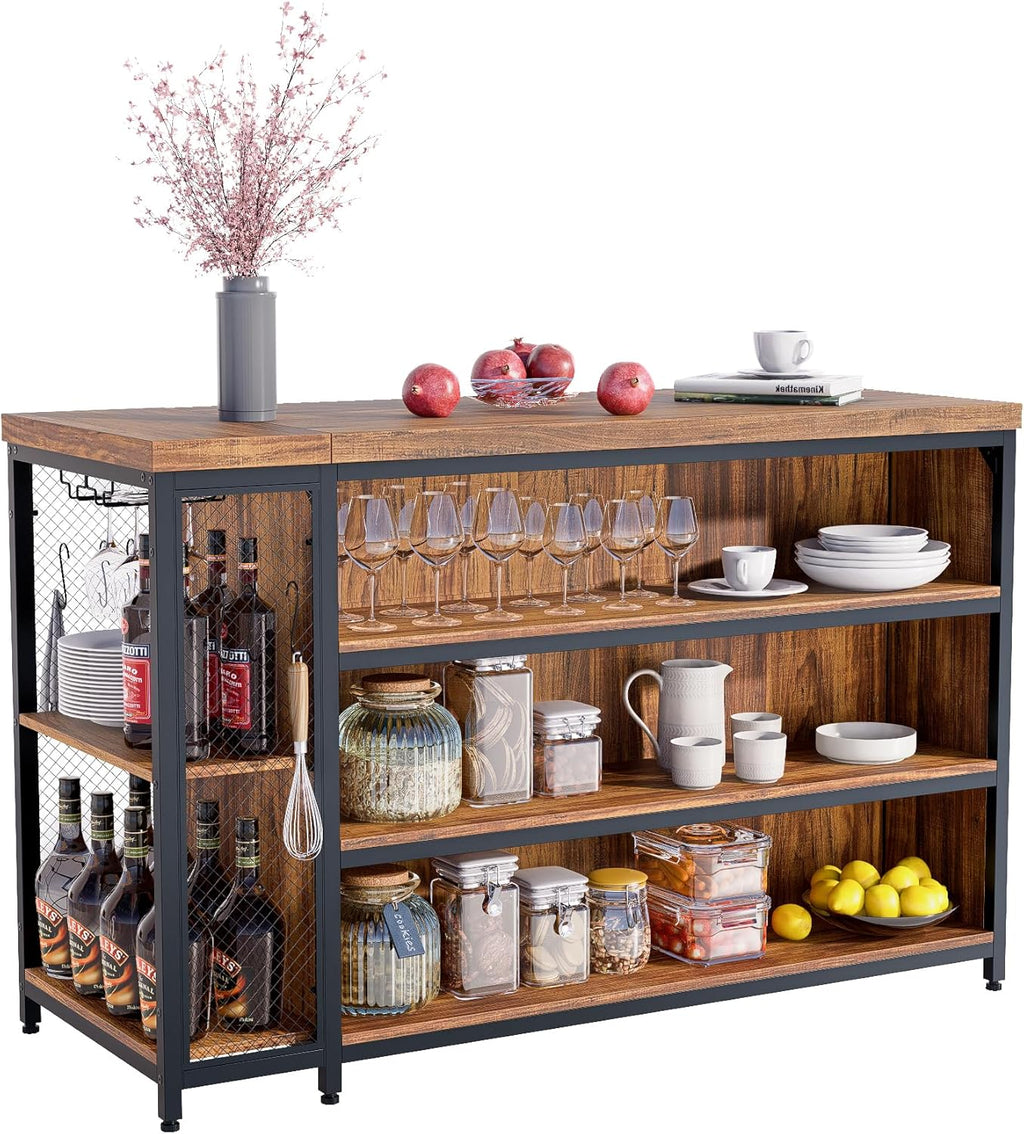 55" Kitchen Island with Seating & Storage, Farmhouse Island Table with 5-Tier Shelves, Large Countertop, Coffee Bar Cabinet with 2 Stemware Racks, Rustic Brown