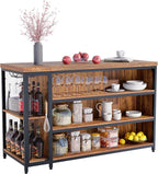 55" Kitchen Island with Seating & Storage, Farmhouse Island Table with 5-Tier Shelves, Large Countertop, Coffee Bar Cabinet with 2 Stemware Racks, Rustic Brown