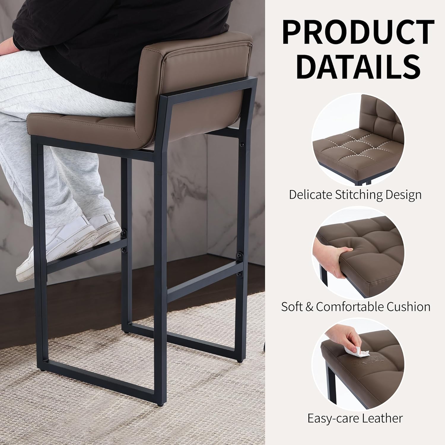 FIRAVOE Counter Height Bar Stools Set of 4, Upholstered Barstools with Back, Bar Chairs with Thickened Metal Legs, PU Leather Counter Stools for Kitchen Island (Coffee Brown, 4Pcs 26" Counter Stools)