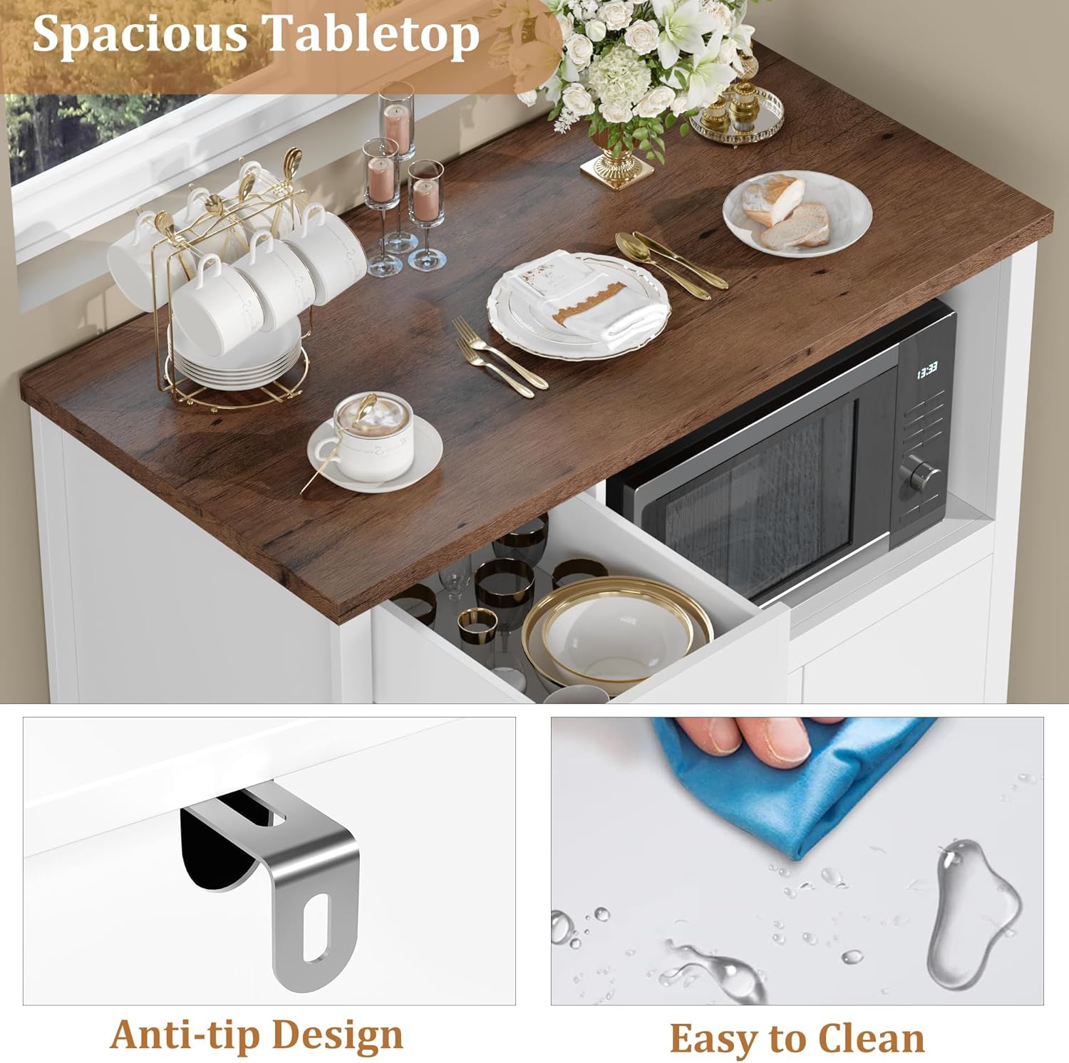 GarveeHome Kitchen Microwave Cabinet with Storage and Drawers, Modern Small Buffet Cabinet with Glass Doors and Adjustable Shelf, Wooden Sideboard with Wide Top for Dining Room, Living Room, White