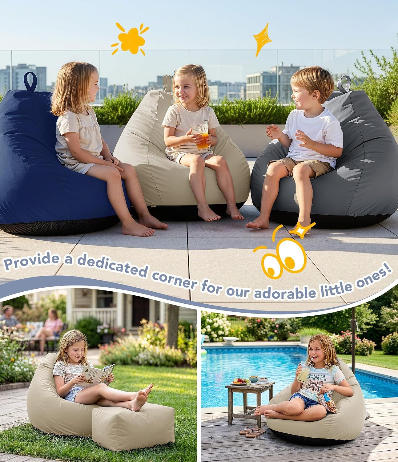 Outdoor Kids Bean Bag Chair with Shredded Foam Filling, Beige | For Patio Classroom Relaxing, Splash-Proof Detachable Zipper Cover with a Handle, Small Child Beanbag Reading Sofa Chair