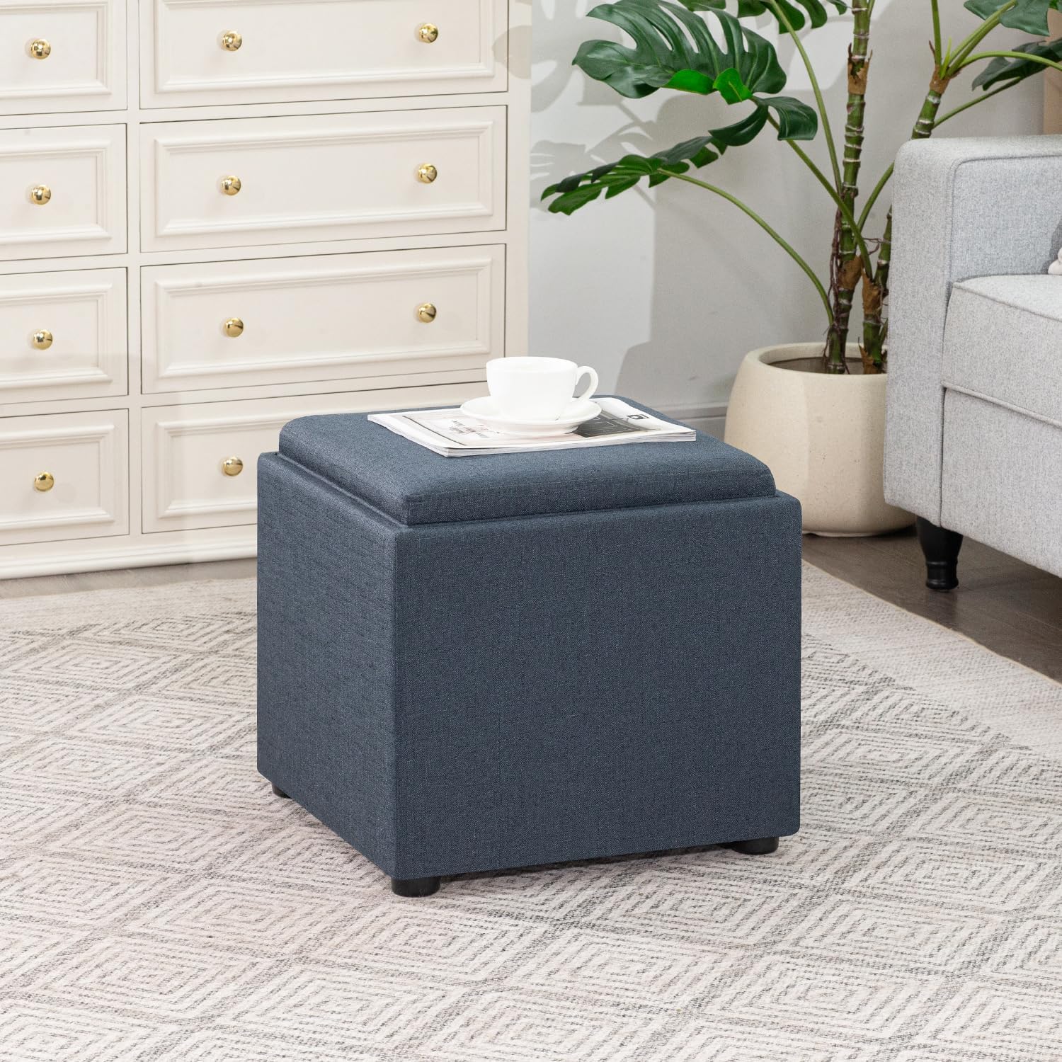 Adeco 17" H Navy Blue Storage Ottoman Cube with Tray Lid, Small Polyester Fabric Footstool with Storage, Square End Table for Living Room & Bedroom