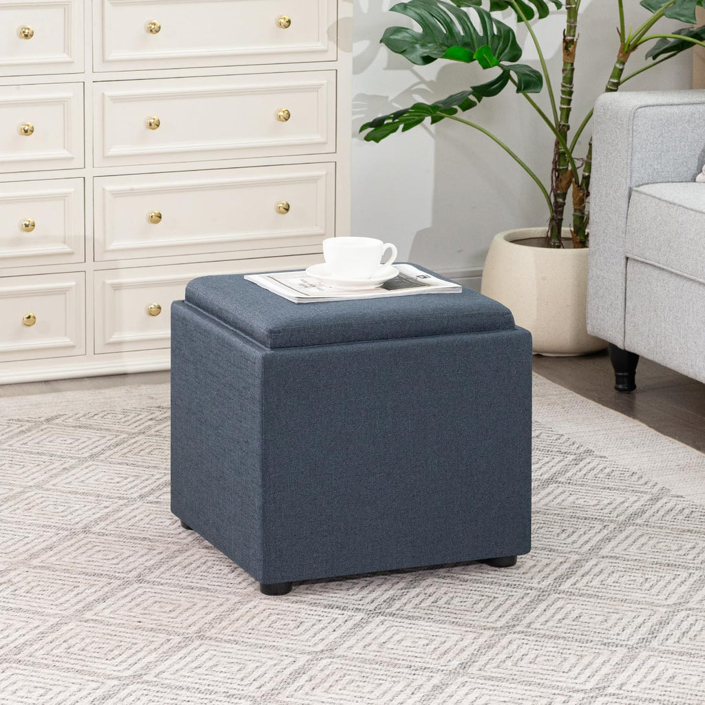 Joveco Storage Square Ottoman with Tray, Small Linen Foot Rest Stool Cube, Coffee Table for Dorm Living Room Bedroom, Denim Gray
