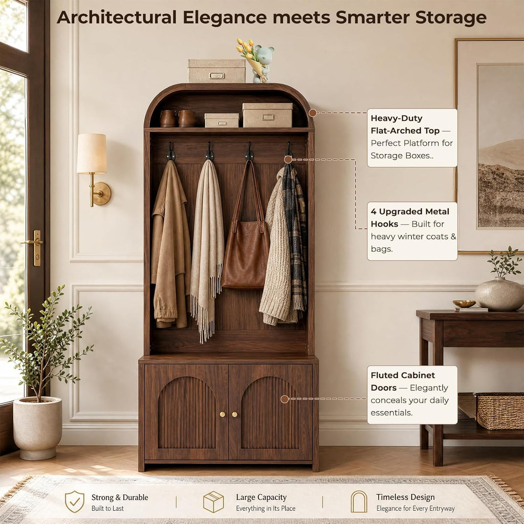 Narrow Entryway Hall Tree with Storage Bench, Modern Fluted Coat Rack and 2-Door Shoe Cabinet for Small Spaces, Arched Mudroom Organizer to Hide Clutter, Walnut