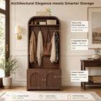 Narrow Entryway Hall Tree with Storage Bench, Modern Fluted Coat Rack and 2-Door Shoe Cabinet for Small Spaces, Arched Mudroom Organizer to Hide Clutter, Walnut