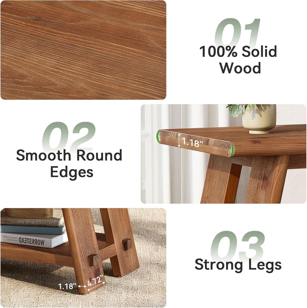 Solid Wood Side Table, Narrow Small End Table with 2-Tier Storage, Farmhouse Rectangle Bedside Nightstand for Living Room Bedroom, Small Places (1, Brown)