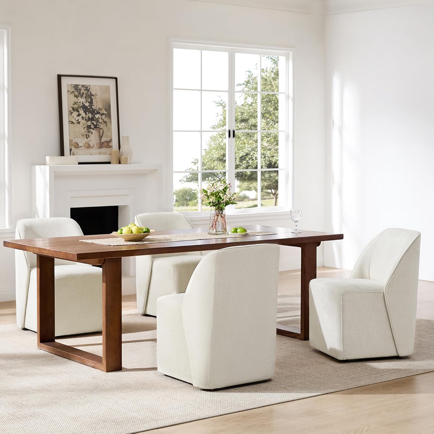 Watson & Whitely Upholstered Dining Chairs with Casters Set of 2, Armless Modern Rolling Dining Chairs with Removable Rollers, Fabric Dining Room Chairs for Bedroom, Living Room, Reading, Linen