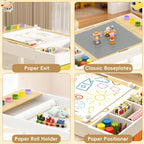 Kids Art Table and Chairs Set with Storage, Wooden Craft Desk with 2 Stools, Child Drawing Table with Open Shelves, Paint Cups, Paper Roll, Bins, Toddler Play Table, 39" L x23 W