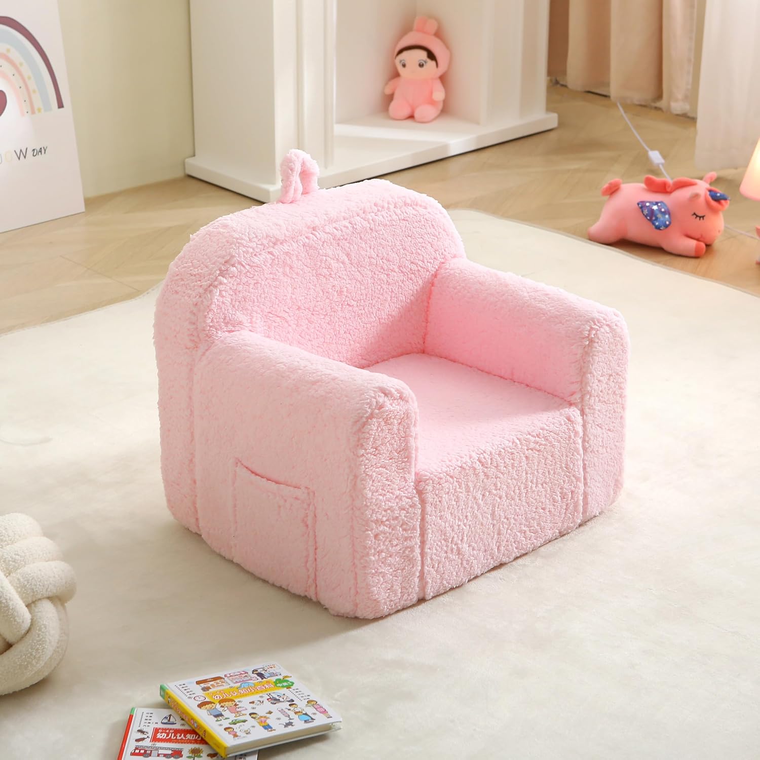 Kids Chair Comfy Toddler, Soft Baby Chair for Boys & Girls, Portable Toddler Reading Armchair with Removable Washable Sherpa Cover, Pink