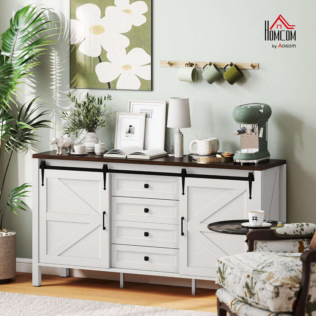 HOMCOM 59 Inch Farmhouse Sideboard Buffet Cabinet with Thick Top, Coffee Bar Cabinet with 2 Sliding Barn Doors, 4 Drawers and 2 Adjustable Shelves for Kitchen, Distressed White