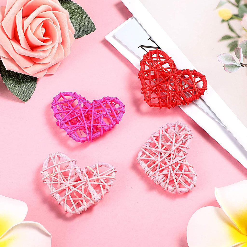 Jetec 15 Pcs Valentine's Day Heart Rattan Ornaments 2.4 Inch DIY Heart Shaped Natural Vase Filler Wicker Balls Rattan Twig for Valentine Wedding Birthday Party Table Decor Crafts, Red, Pink, Rose Red