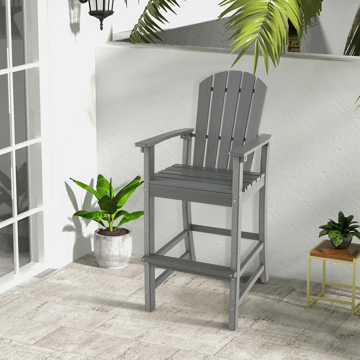 Giantex Outdoor HDPE Bar Stool, Tall Adirondack Chair with Armrests and Footrest, 30 Inches Counter Height Bar Stool for Garden, Backyard, Weather Resistance, Easy Maintenance (1, Gray)