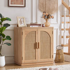 LEYAOYAO Rattan Sideboard Buffet Cabinet with Storage, 31.5" Coffee Bar Cabinet with Arch Doors & Adjustable Shelves, Wood Credenza, Boho Accent Cabinet for Kitchen, Living Room, Natural