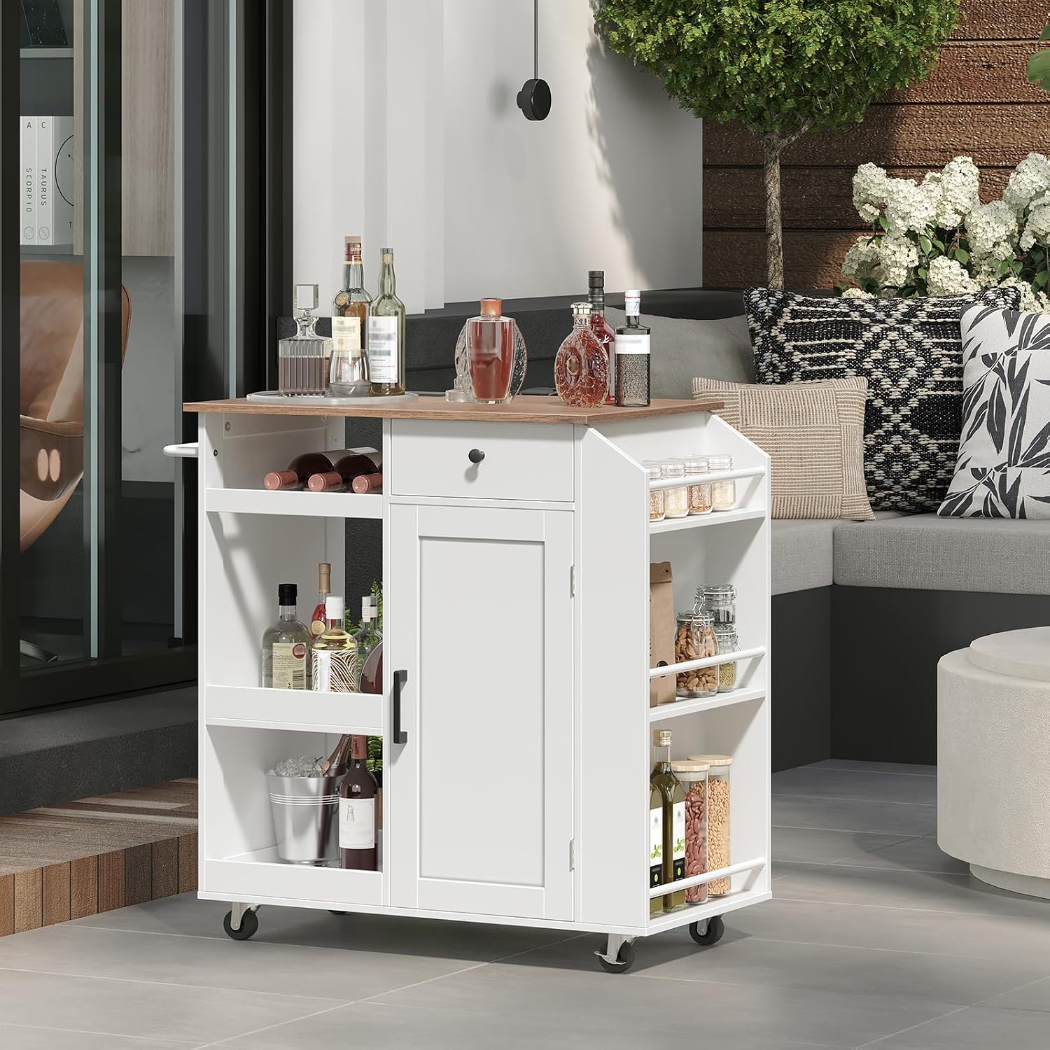 MAHANCRIS Kitchen Island with Power Outlet, Kitchen Storage Island with Drawer, Rolling Kitchen Cart on Wheels, Spice Rack, Towel Rack, Wine Rack, for Dining Room, White and Walnut KIBZ122E01
