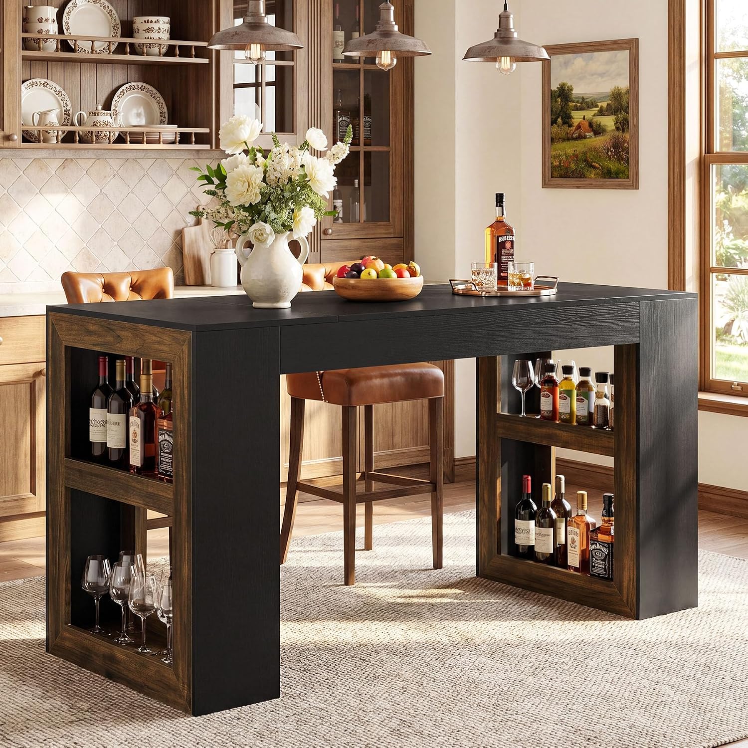Tribesigns 63" Bar Table, Rectangular Counter Height Pub Table with Storage Shelves, Industrial Home Bar Units for Dining Room, Kitchen, Bistro, Restaurant, Black & Brown