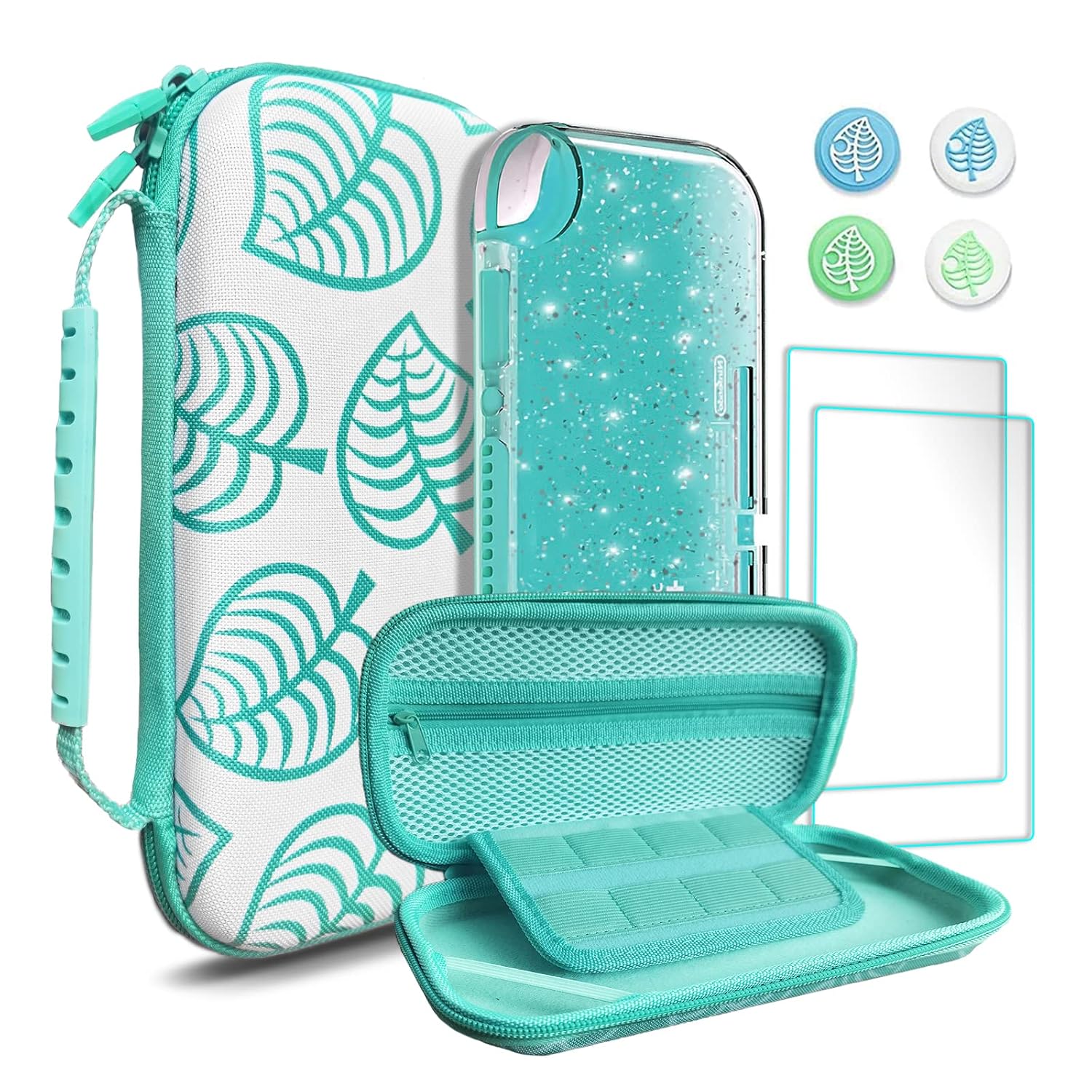 TIKOdirect Carrying Case for Switch lite, Shockproof Portable Travel Bag with Glitter Galaxy cover, Screen Protectors and Cute Leaf Thumb Grips Caps, Animal Crossing Green