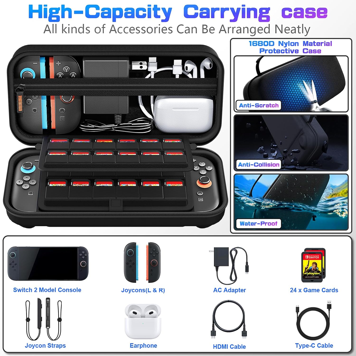 daydayup Switch Carrying Case Compatible with Nintendo Switch 2, with 24 Games Cartridges Protective Hard Shell Travel Carrying Pouch for Console & Accessories Playstation Vita Case