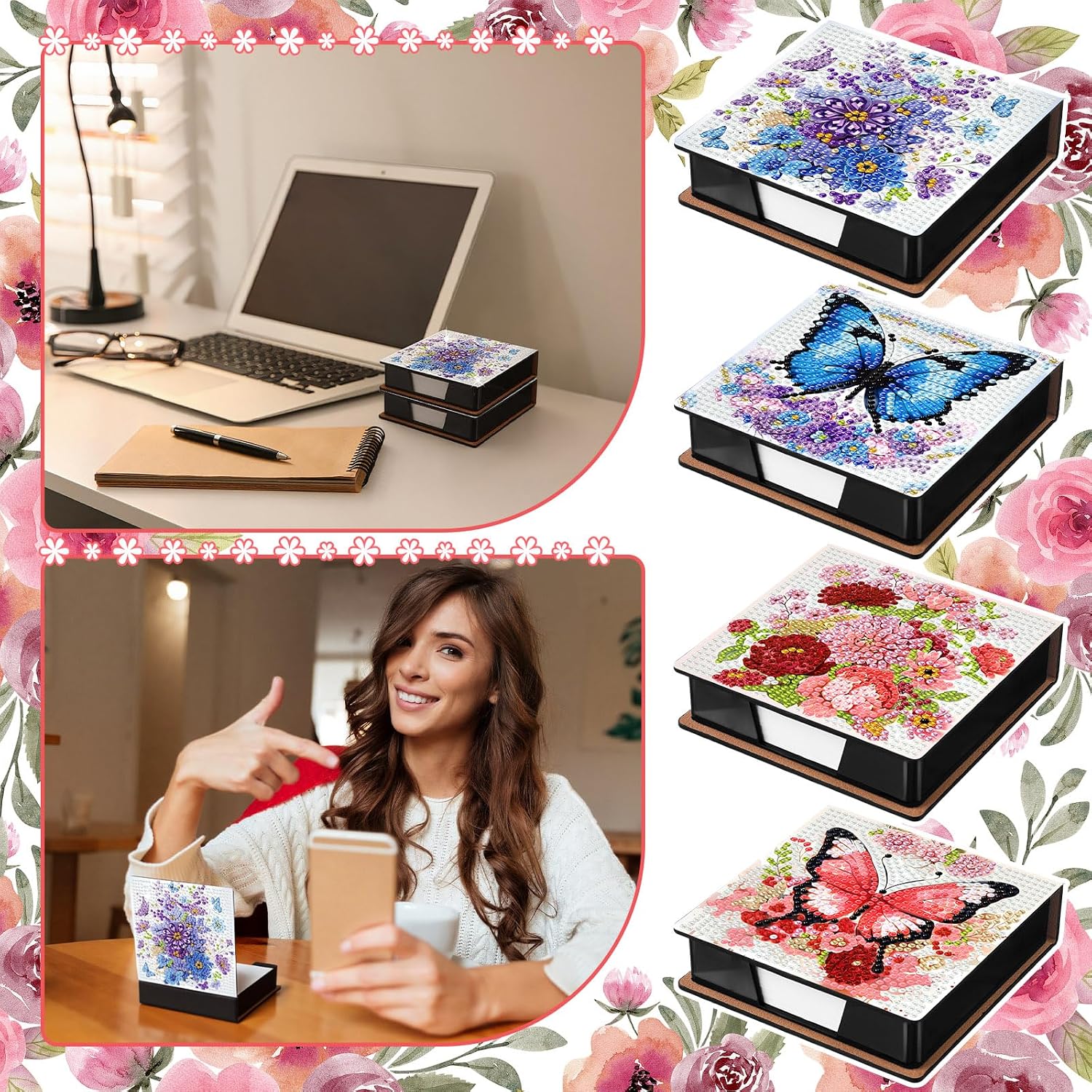 Saillong 4 Pcs Butterfly Diamond Painting Note Box Kit Flower Sticky Note Holders DIY Diamonds Art Storage Box with 160 Sticky Notes Painting Memo Pad for Office Supplies Desk Gifts