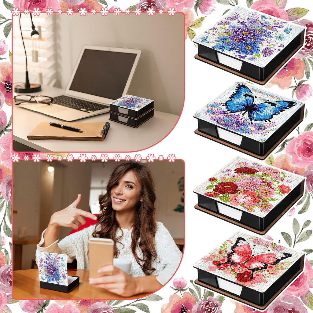 Saillong 4 Pcs Butterfly Diamond Painting Note Box Kit Flower Sticky Note Holders DIY Diamonds Art Storage Box with 160 Sticky Notes Painting Memo Pad for Office Supplies Desk Gifts
