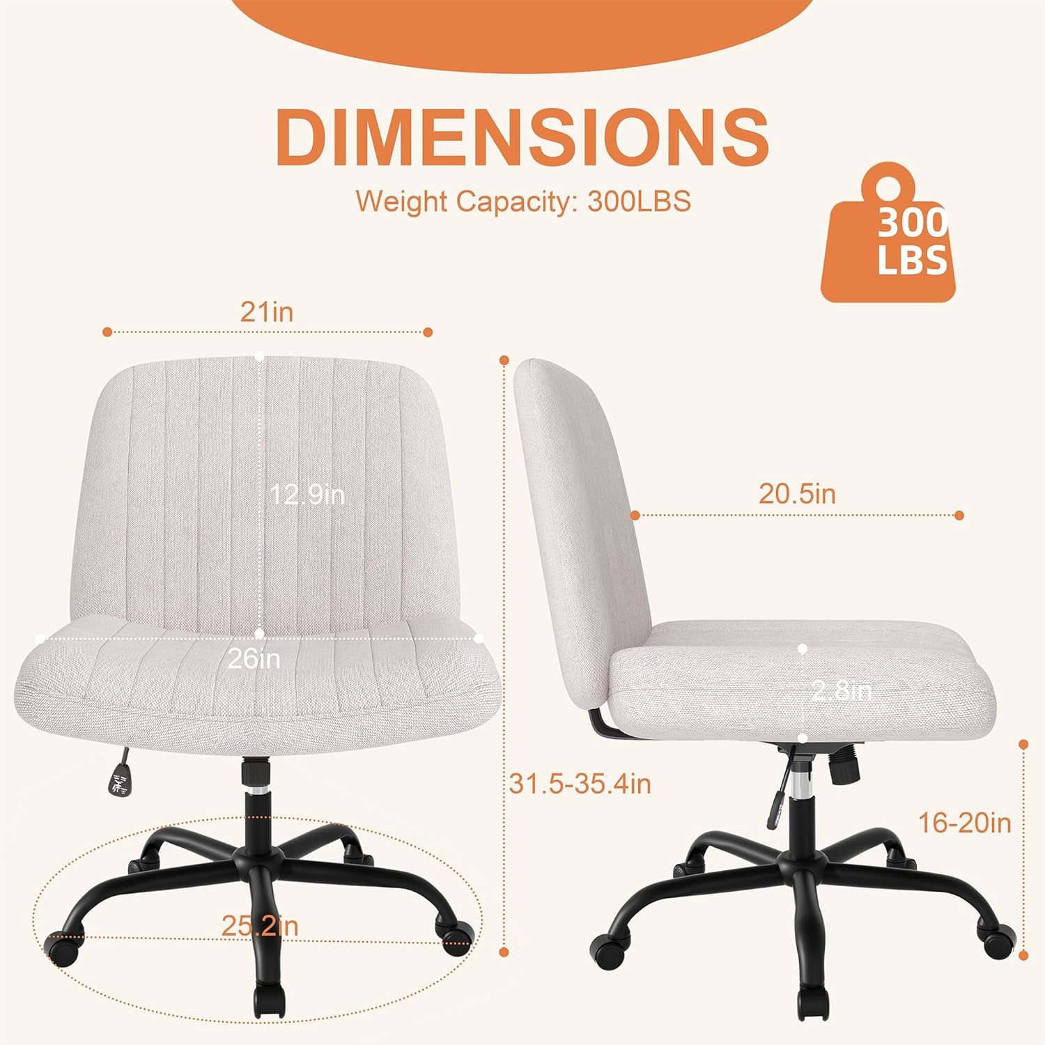 Shintenchi Criss Cross Chair,Cross Legged Office Seat with Wheels Armless Swivel Vanity Chair,Height Adjustable Wide Computer Task Seating for Home Office,Beige