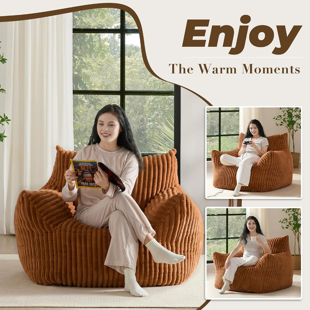 Oversized Bean Bag Chair for Adults, Giant Plush Boneless Bean Bag Couch with Wide Armrests for Bedroom, Living Room & Dorm - Comfy Reading Chair, Single Accent Floor Chair (Orange)