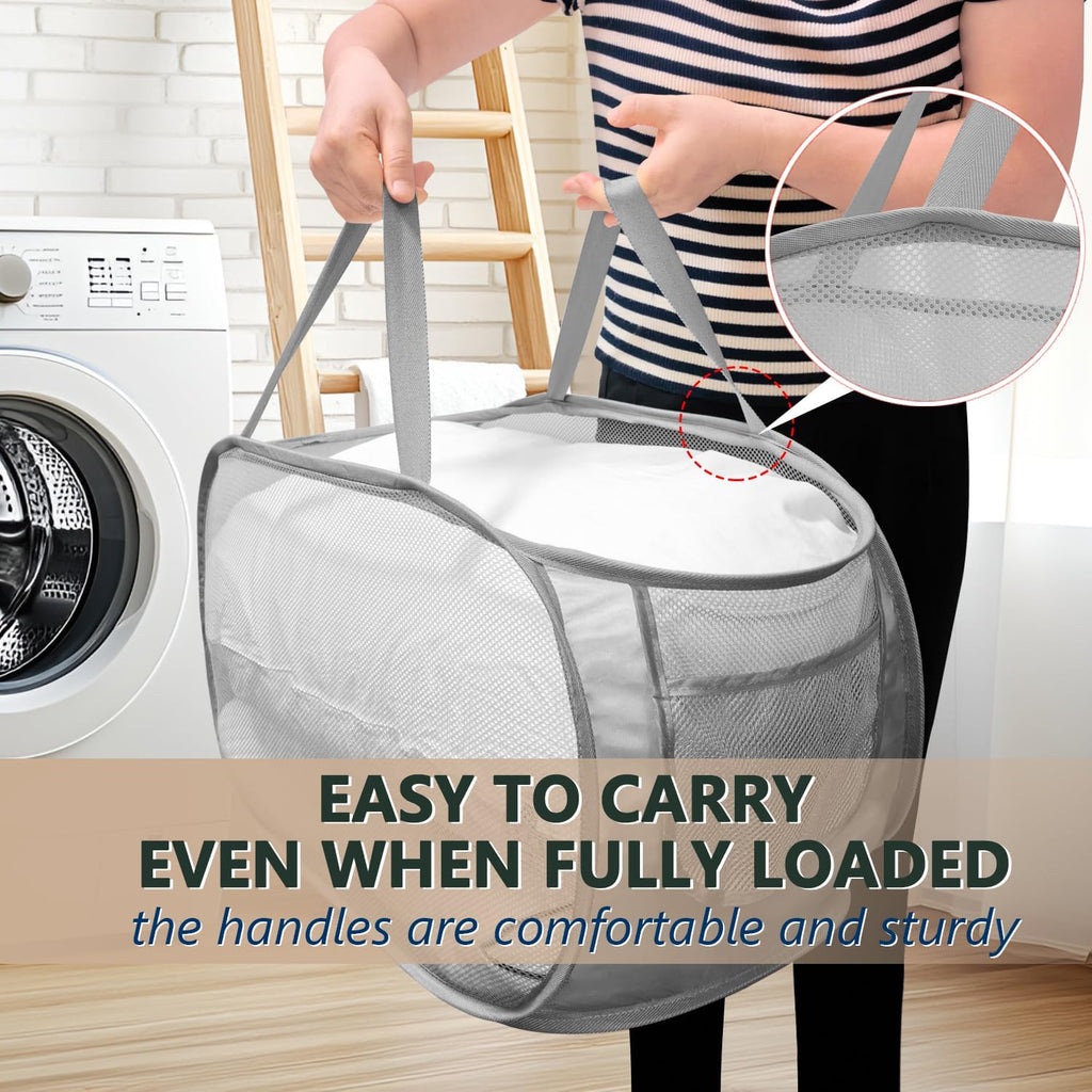 Pop Up Laundry Hamper,Collapsible Horizontal Baskets with Handles & Side Pocket,Foldable Sturdy mesh for Laundry Room,Bathroom,Kids Room,College Dorm or Travel (Double Grey)