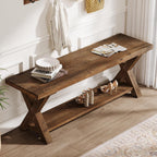 43.3" Solid Wood Bench, Farmhouse Wooden Entryway Bench with Storage Shelf, X-Shaped Leg Design, Entry Way Shoe Benches Seat for Hallway, Kitchen, Bedroom, Living Room
