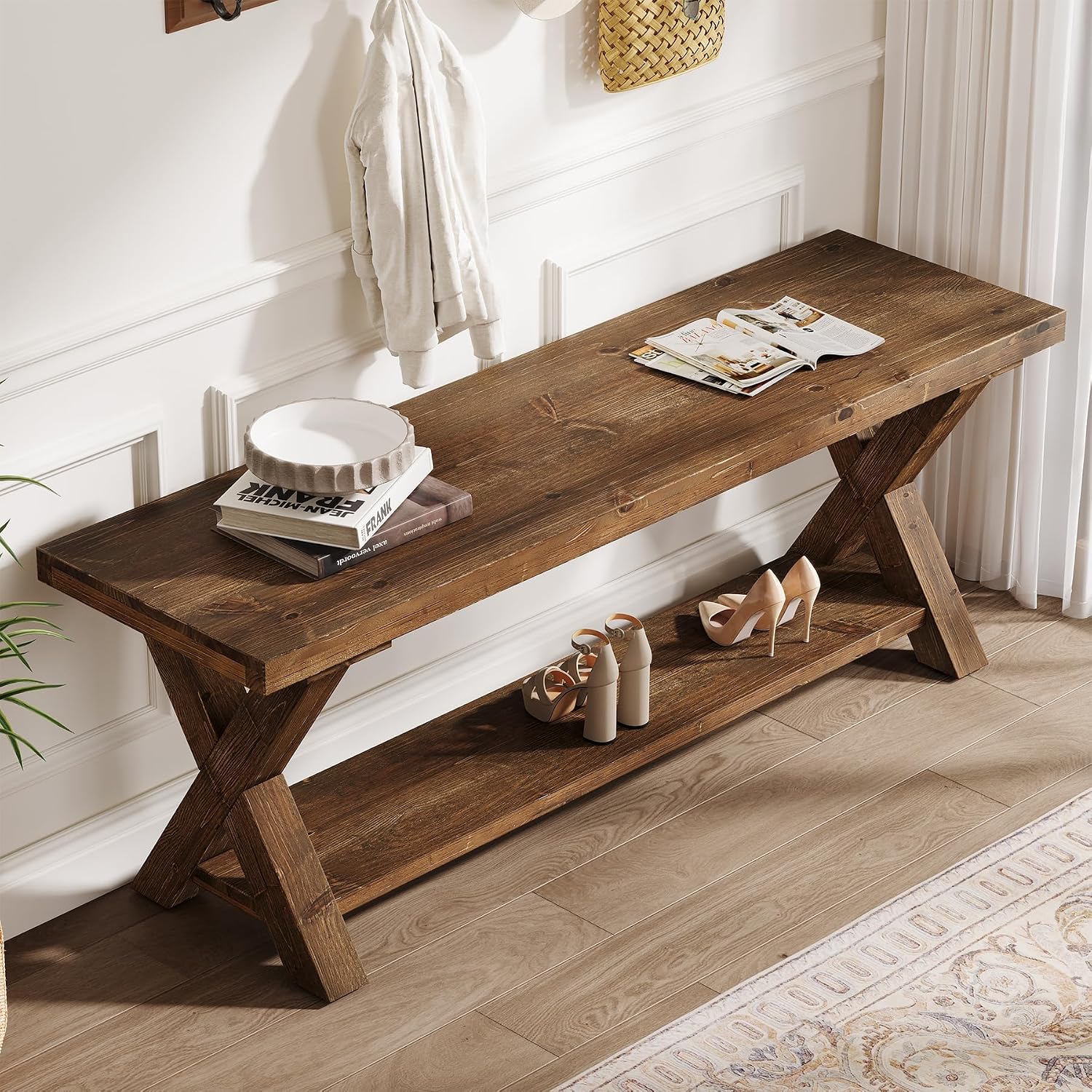 43.3" Solid Wood Bench, Farmhouse Wooden Entryway Bench with Storage Shelf, X-Shaped Leg Design, Entry Way Shoe Benches Seat for Hallway, Kitchen, Bedroom, Living Room