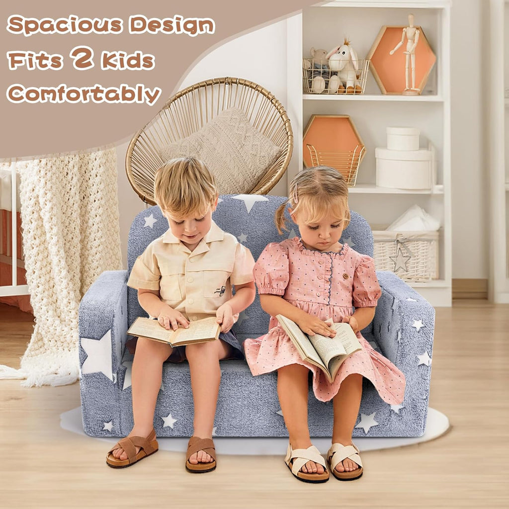 Foryoomi Extra Wide Kids Couch, 2-in-1 Soft Couch with Blanket, Glow in The Dark, Comfy Chair with Cloud Pillow, Convertible Sofa, Star