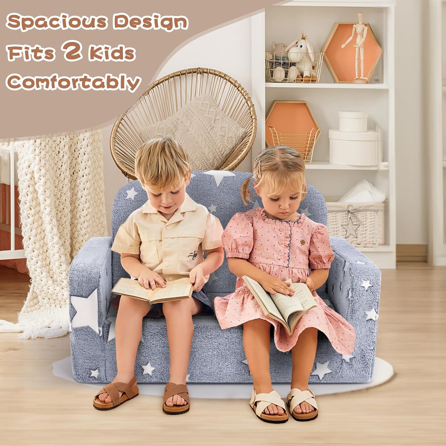 Foryoomi Extra Wide Kids Couch, 2-in-1 Soft Couch with Blanket, Glow in The Dark, Comfy Chair with Cloud Pillow, Convertible Sofa, Star