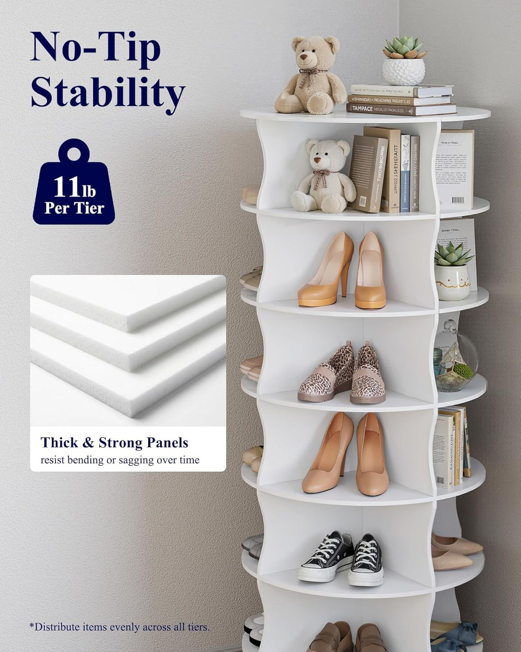 Kitsure Shoe Rack - 7-Tier Rotating Shoe Rack Tower, 360° Revolving Display & Storage Solution with Lazy Susan, Space-Saving Shoe Rack for Entryway, Closet, Bedroom, White