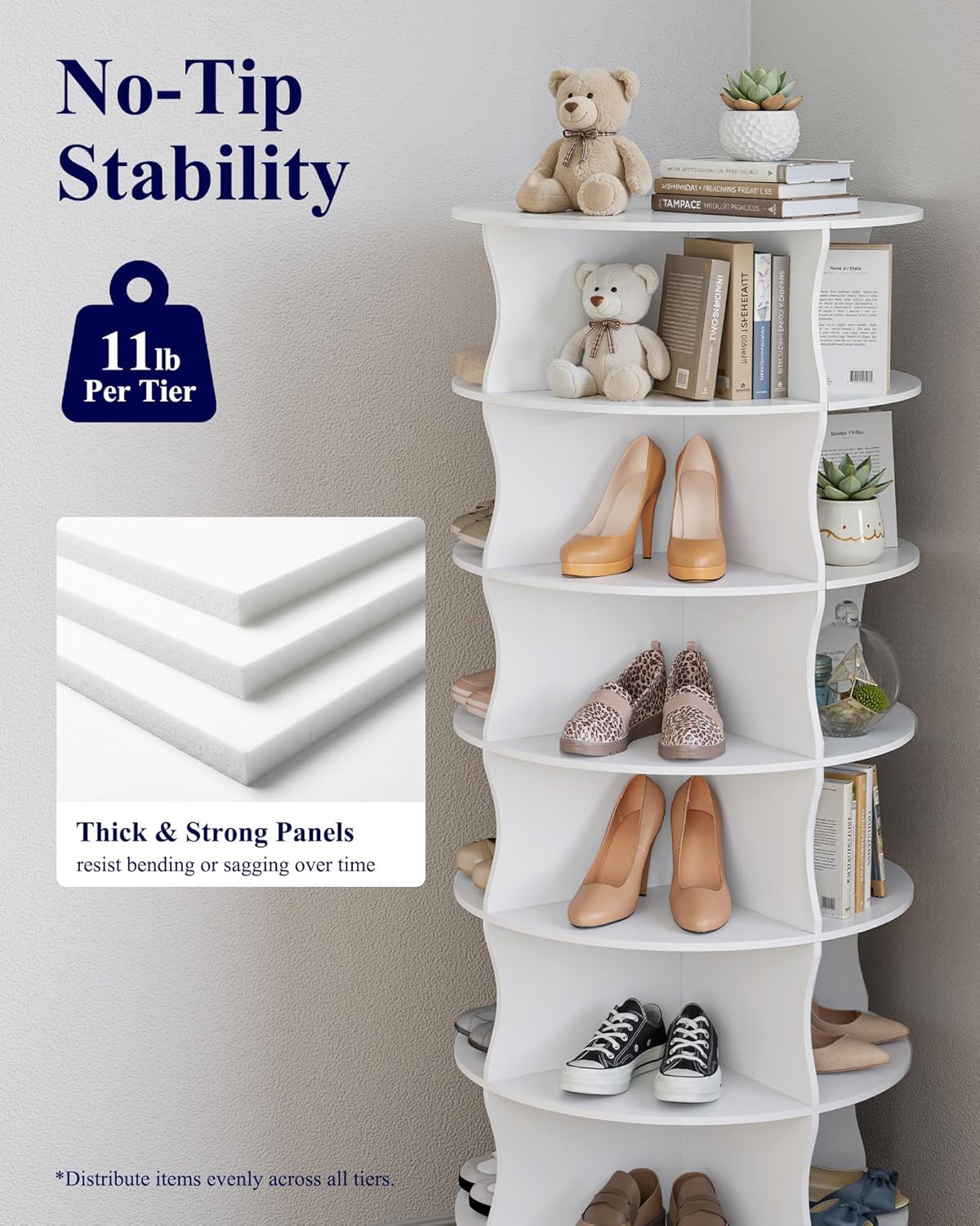 Kitsure Shoe Rack - 7-Tier Rotating Shoe Rack Tower, 360° Revolving Display & Storage Solution with Lazy Susan, Space-Saving Shoe Rack for Entryway, Closet, Bedroom, White
