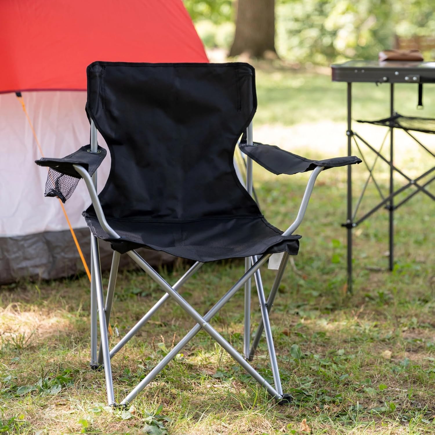 Quad Folding Camp Chair with Cup Holder, Black