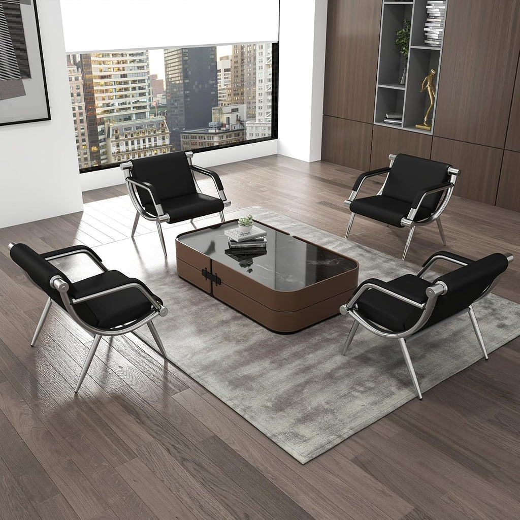 kinbor 4 PCS Waiting Room Guest Chairs, PU Leather Office Reception Chair, Lobby Furniture Reception Sofa Seat with Arms for Airport Salon Clinic, Black