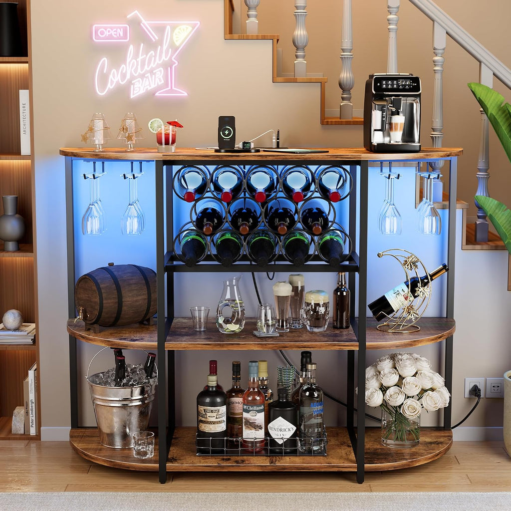 VICTONE Wine Bar Cabinet with LED Lights and Power Outlets, Freestanding Liquor Bar Cabinet Table with Glass Holder Wine Rack Table Mini Bar for Home Kitchen Dining Room