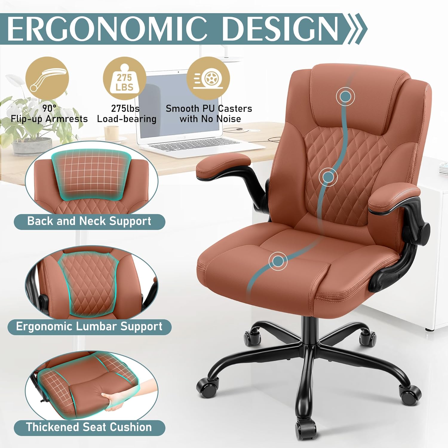 Leather Office Chair for Short People, Small PU Computer Desk Chair with Ergonomic Backrest, Adjustable Armrests, 360° Swivel Rolling Task Chair for Home Office and Gaming