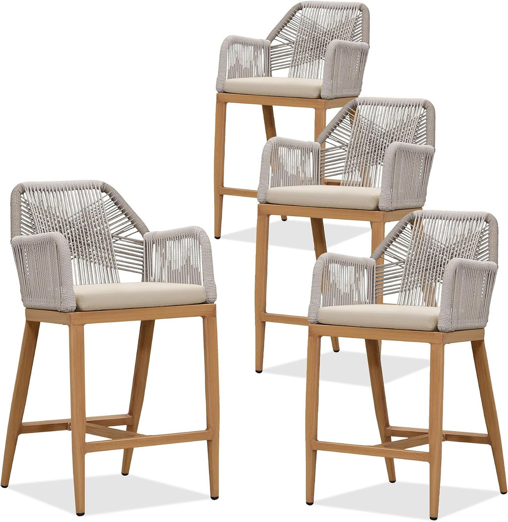 PURPLE LEAF Patio Sunbrella Counter Height Bar Stools 24" H Set of 4 Modern Rattan Outdoor Bar Chairs Wicker Barstools with High Arms Backs for Outside Island Kitchen Backyard Teak