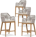 PURPLE LEAF Patio Sunbrella Counter Height Bar Stools 24" H Set of 4 Modern Rattan Outdoor Bar Chairs Wicker Barstools with High Arms Backs for Outside Island Kitchen Backyard Teak