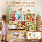 BBLIKE Kids Bookshelf and Toy Storage Organizer, 3-in-1 Toddler Montessori Bookcase with Stuffed Animal Storage & Movable Toy Chest, Large Plushies Holder for Nursery Playroom Bedroom, White