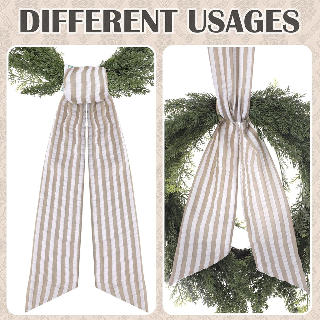 Brown Wreath Sash for Front Door - 2 Pcs Rustic Seersucker Wreath Sashes for Embroidery Monogram Home Decor, 60 Inch Boho Plain Stripe Wreaths Sash for Garland Window Wall Yard