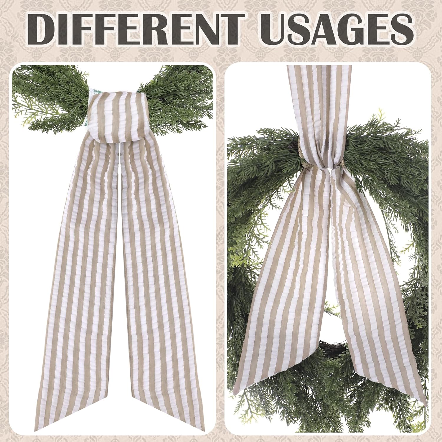 Brown Wreath Sash for Front Door - 2 Pcs Rustic Seersucker Wreath Sashes for Embroidery Monogram Home Decor, 60 Inch Boho Plain Stripe Wreaths Sash for Garland Window Wall Yard