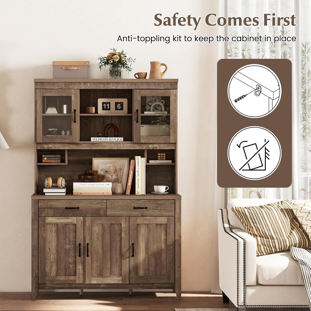 Byroce Kitchen Pantry Cabinet, Farmhouse 78.5” Tall Storage Cabinet w/Countertop, Adjustable Shelves & Drawers, Microwave Shelf w/Hutch, Wooden Buffet Sideboard w/Tempered Glass Doors, Rustic Brown