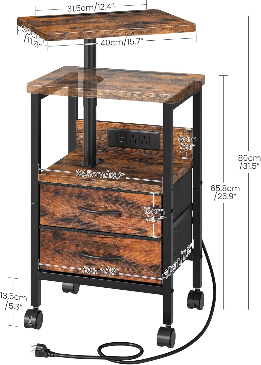 Height Adjustable Side Table with Swivel Tabletop, End Table with Charging Station, Bedside Table with Fabric Drawers and Wheels, Nightstand for Living Room, Bedroom, Rustic Brown and Black TBZ21UBF