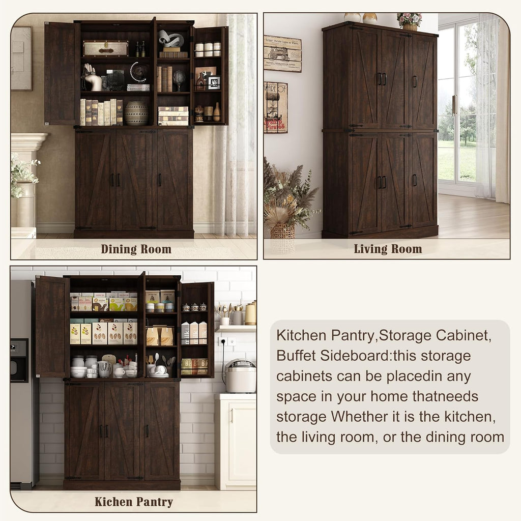 Hlivelood 71" Tall Kitchen Pantry,Farmhouse Storage Cabinet with Barn Doors,Organizer,Rustic Wood Cupboard,Farmhouse Pantry Cabinet for Kitchen,Dining Room,Living Room(Brown)