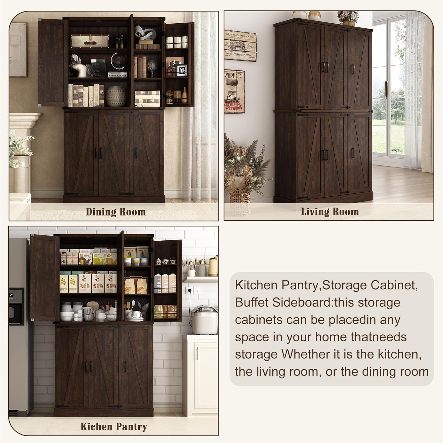 Hlivelood 71" Tall Kitchen Pantry,Farmhouse Storage Cabinet with Barn Doors,Organizer,Rustic Wood Cupboard,Farmhouse Pantry Cabinet for Kitchen,Dining Room,Living Room(Brown)