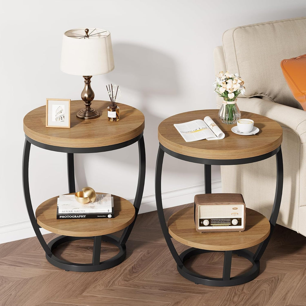 Round End Table Set of 2, 2 Tier Industrial Side Table, Nightstand with Metal Frame, Accent Bedside Table with Storage Shelves for Living Room, Bedroom, Small Spaces, Light Brown & Black