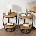 Round End Table Set of 2, 2 Tier Industrial Side Table, Nightstand with Metal Frame, Accent Bedside Table with Storage Shelves for Living Room, Bedroom, Small Spaces, Light Brown & Black