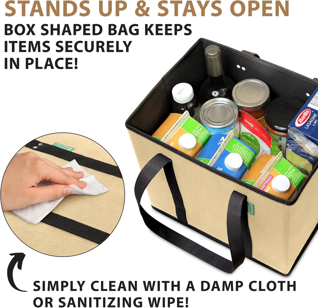 Reusable Grocery Bags (3 Pack) – Heavy Duty Reusable Shopping Bags for Groceries with Box Shape to Stand Up, Stay Open, Fold Flat – Large Tote-Bag is Foldable with Long Handles & Hard Bottom (Beige)