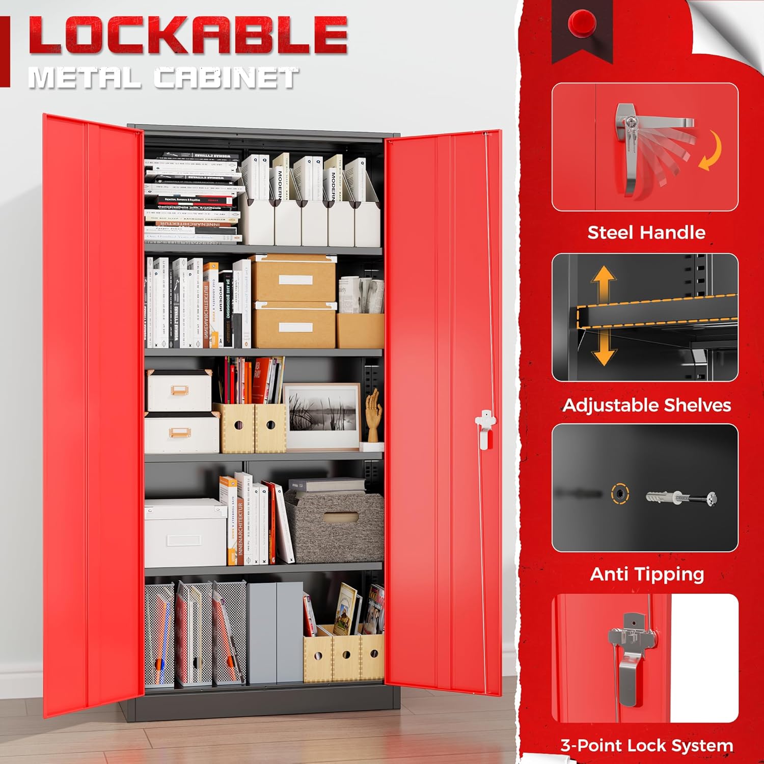 Bonusall 72" Metal Garage Storage Cabinet， Heavy-Duty Steel Cabinet with 2 Locking Doors & 5 Adjustable Shelves for Home